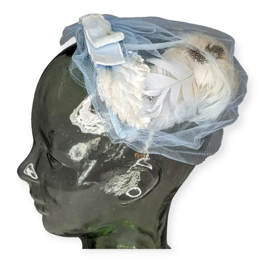 Vintage Light Blue with Feathers & Net Pinch Hat - Picture 4 of 9